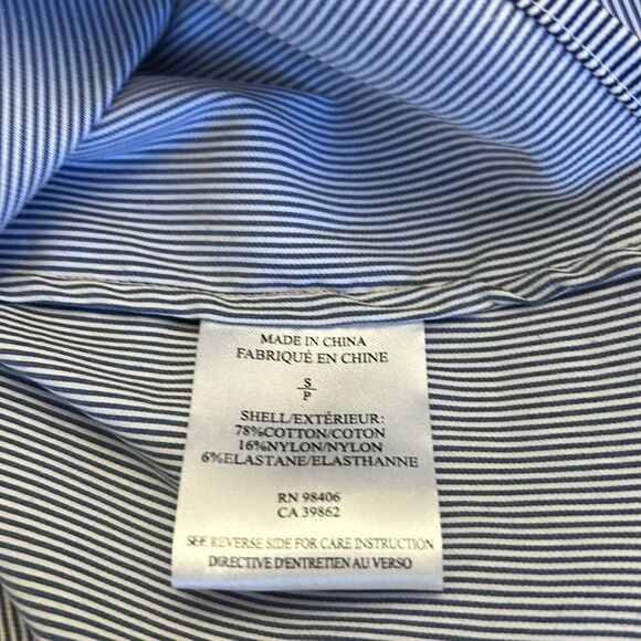 Theory blue white vertical stripe long sleeve zip front blouse Size S EUC - Picture 8 of 9